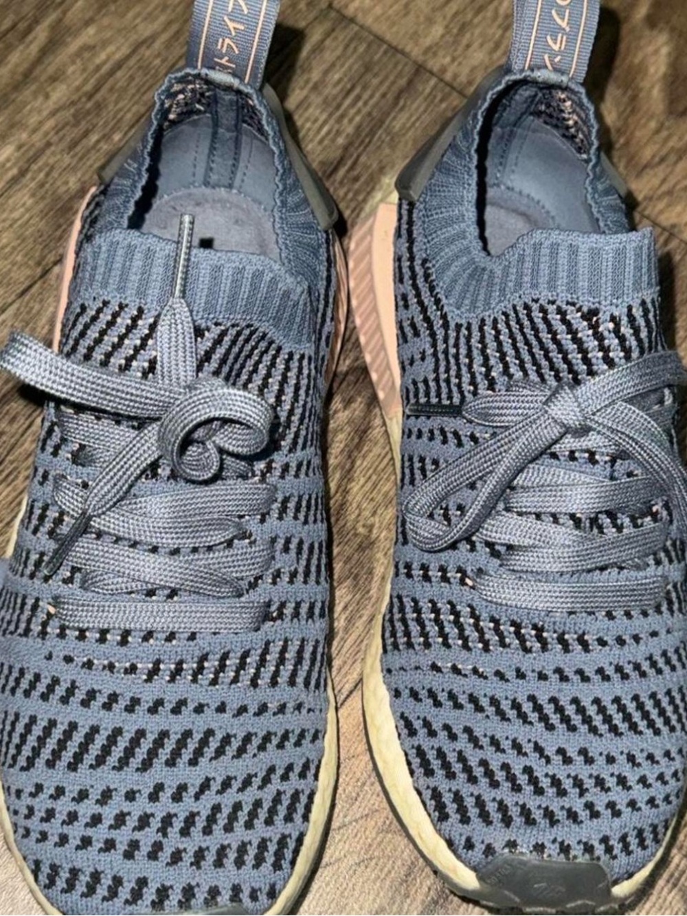 Adidas NMD-R1 Knit Slip-On Sneakers in Blue and Black with Pink Accents